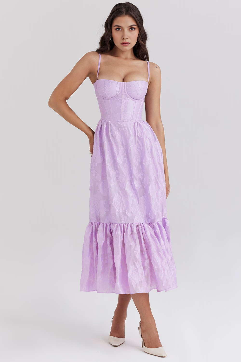 Askılı Bustier Yaka Volanlı Elbise – Lila