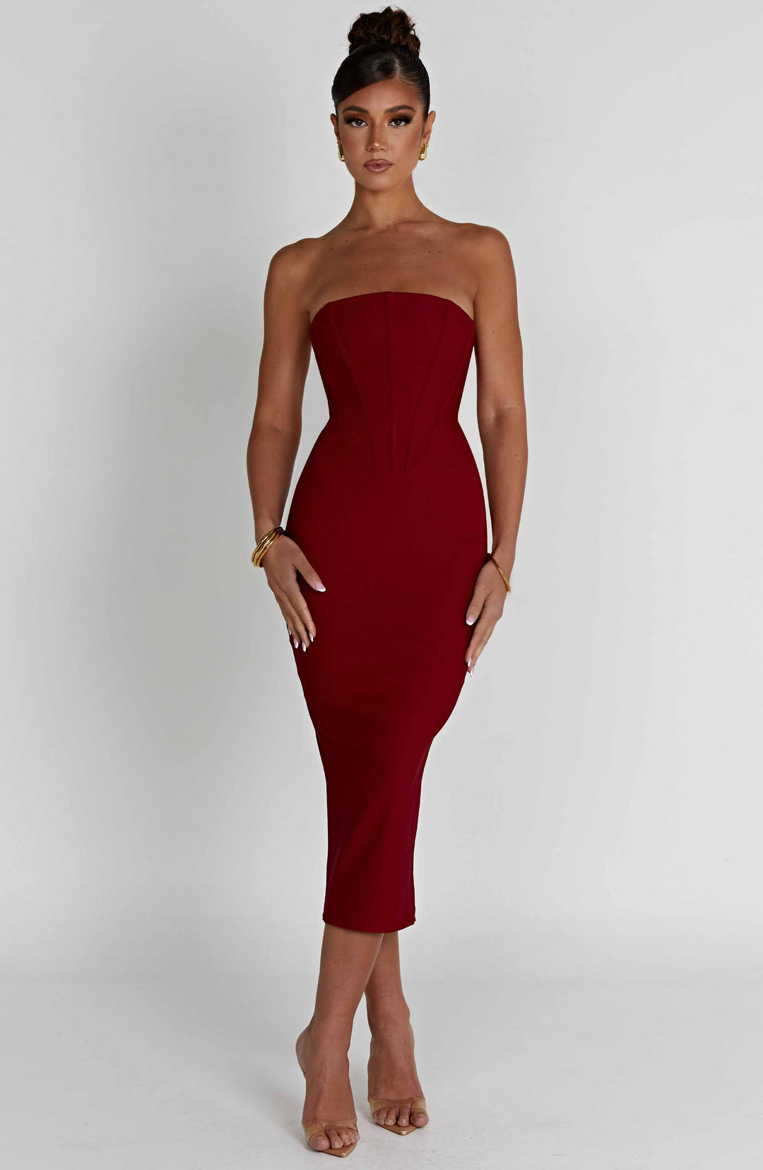 Straplez Kalem Elbise – Bordo