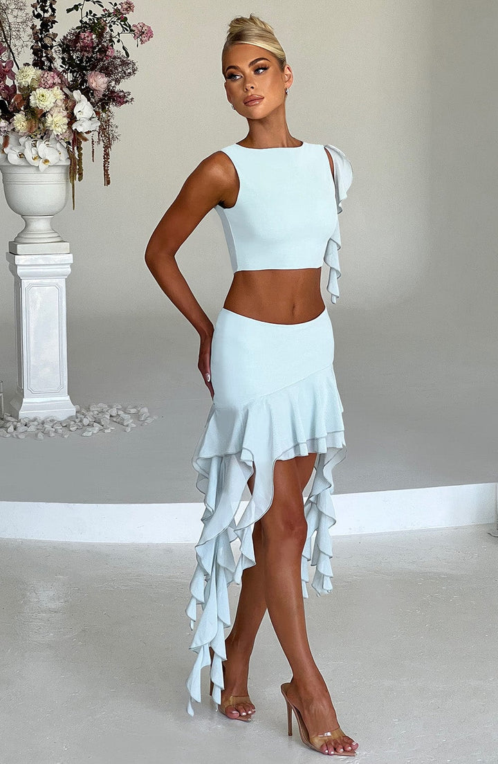 Asimetrik Volan Detaylı Crop Top – Su Yeşili