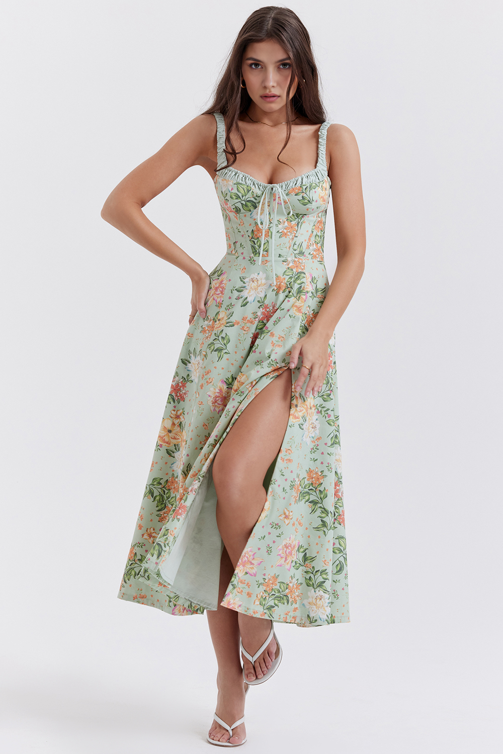 Bustier Çiçek Desenli Yırtmaçlı Midi Elbise