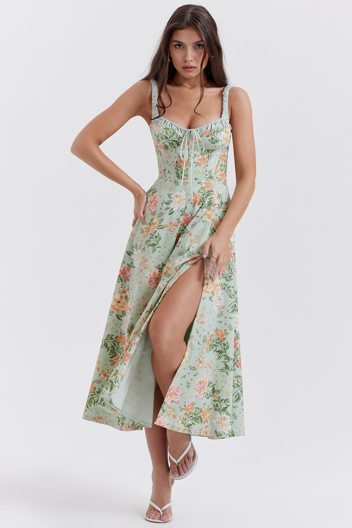 Bustier Çiçek Desenli Yırtmaçlı Midi Elbise