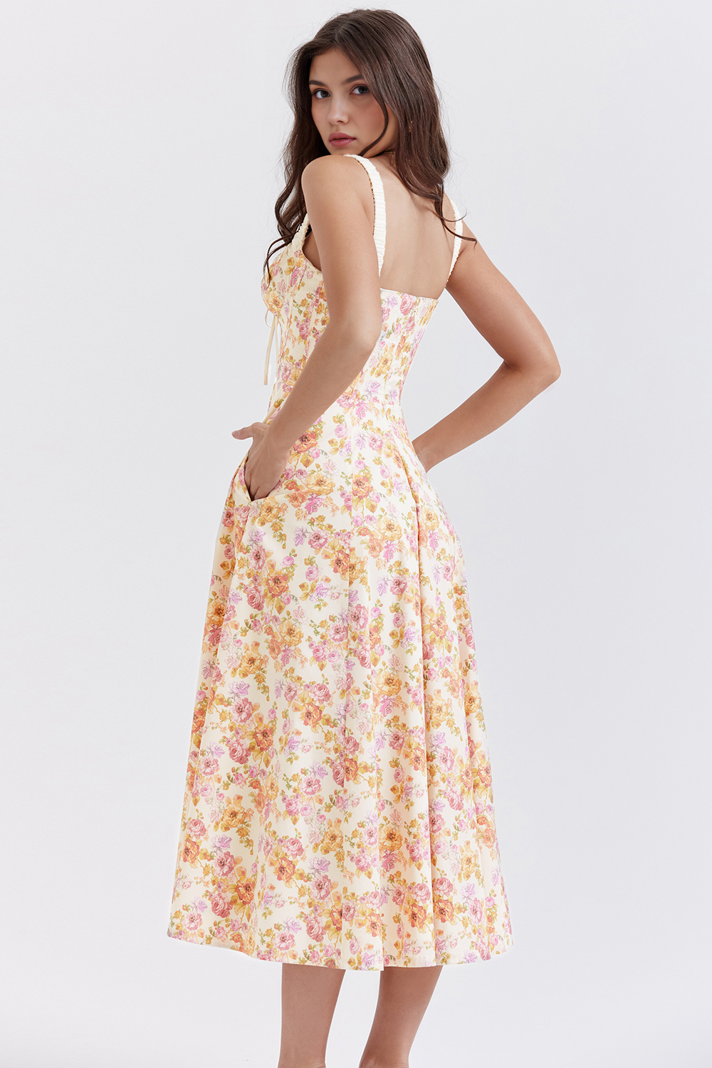 Bustier Çiçek Desenli Yırtmaçlı Midi Elbise
