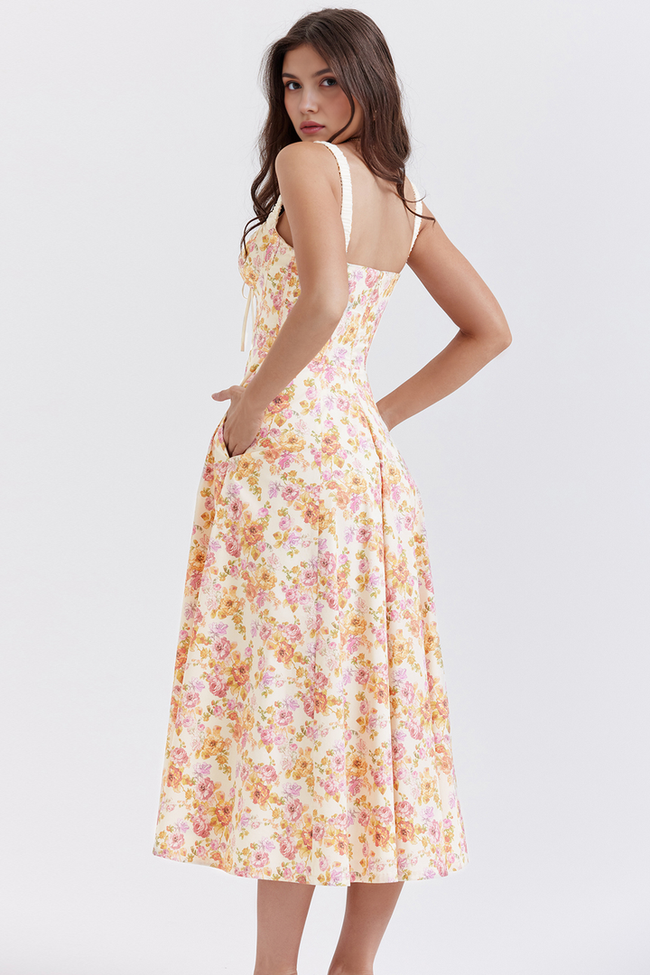 Bustier Çiçek Desenli Yırtmaçlı Midi Elbise