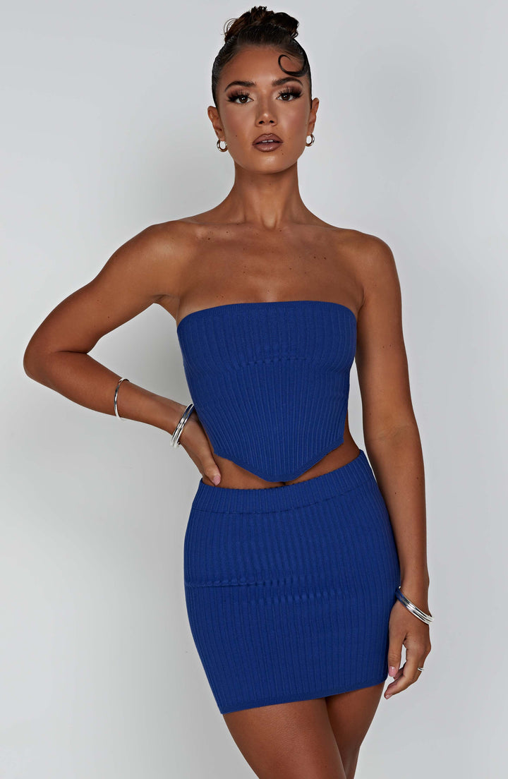 Fitilli Bodycon Mini Etek Set – Saks Mavi