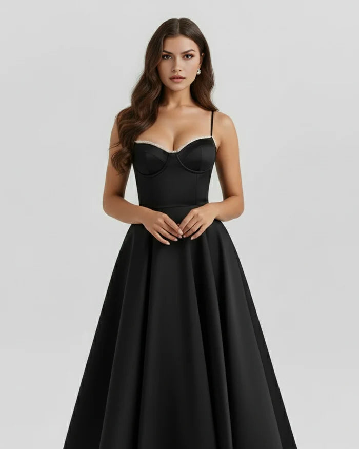 Midi Etek Uçuşan Bel Detaylı Saten Elbise