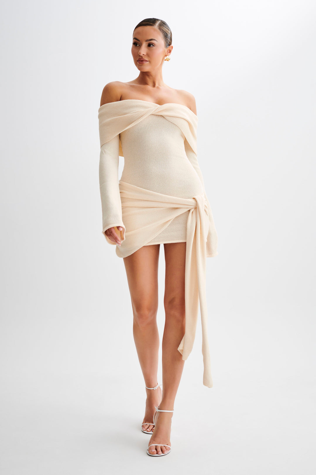 Off Shoulder Tie Knit Mini Elbise