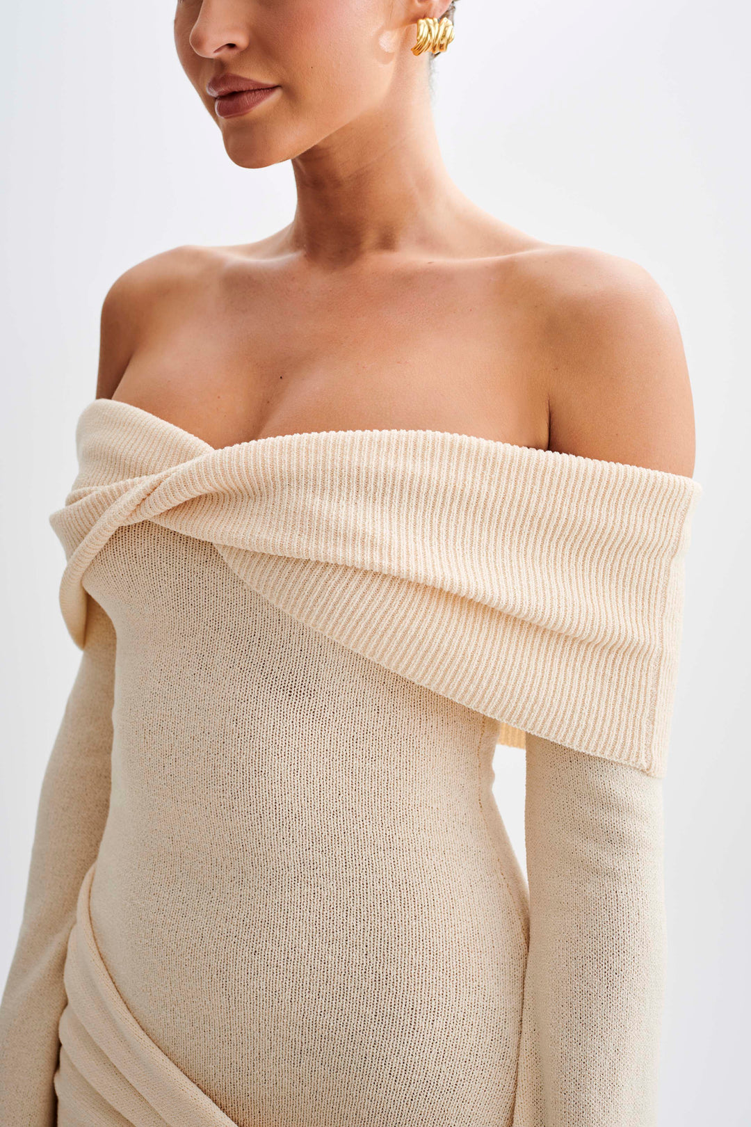 Off Shoulder Tie Knit Mini Elbise