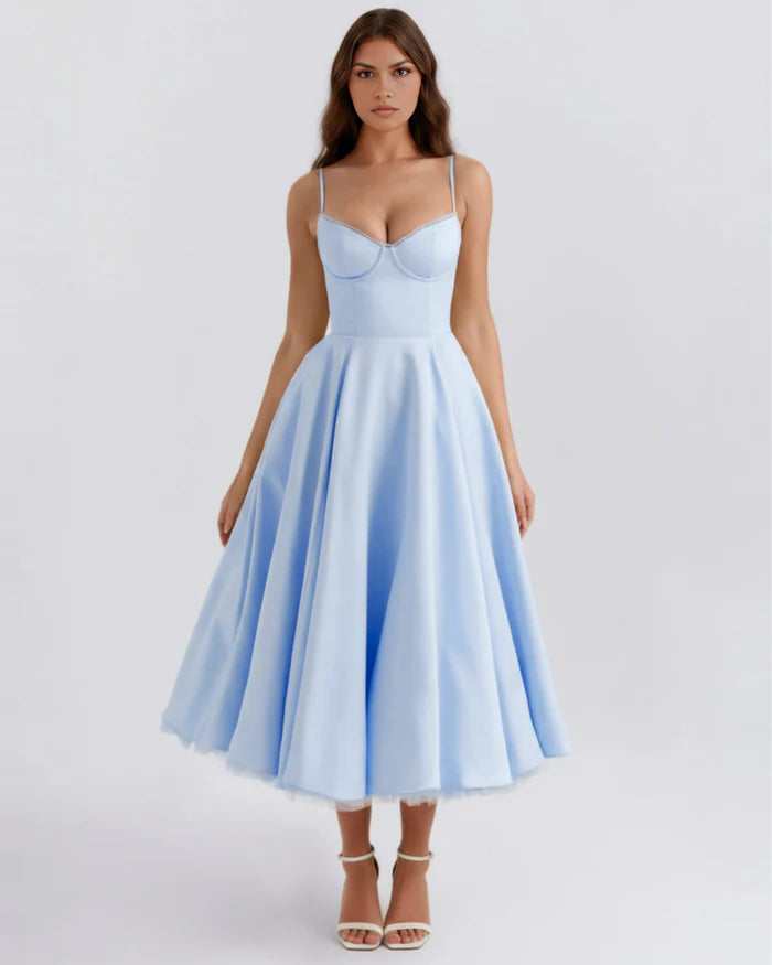 Midi Etek Uçuşan Bel Detaylı Saten Elbise