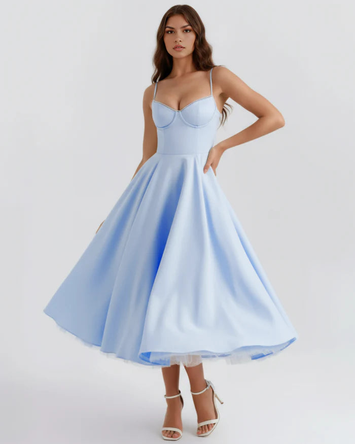 Midi Etek Uçuşan Bel Detaylı Saten Elbise