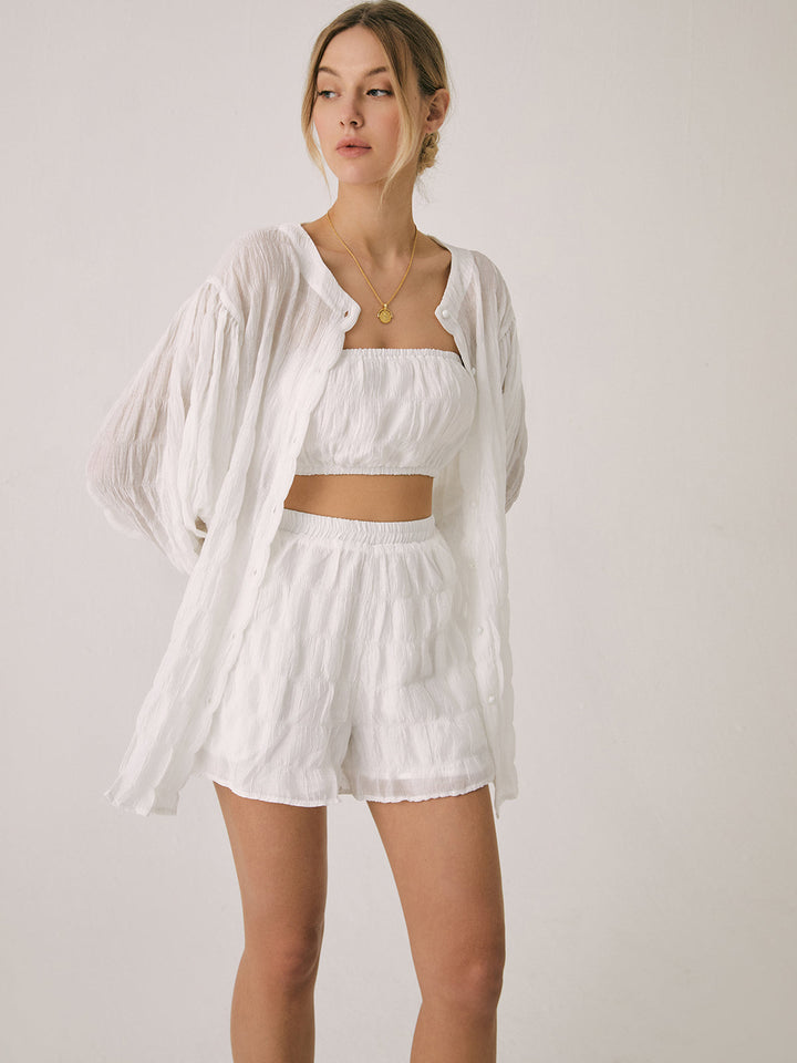 Düğmeli Oversize Gömlek Ve Şortlu Takım – Beyaz