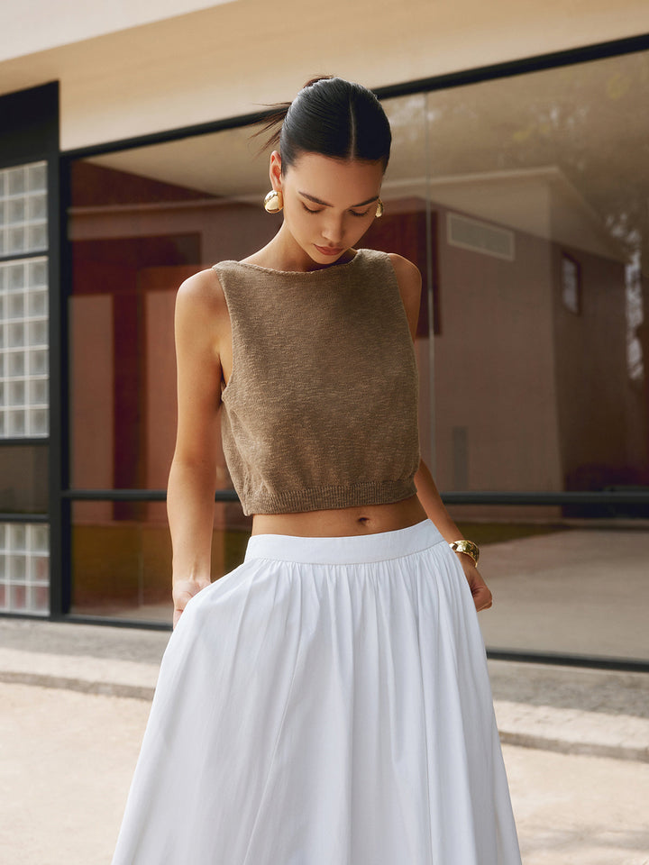 Kısa Triko Crop Top – Kahverengi