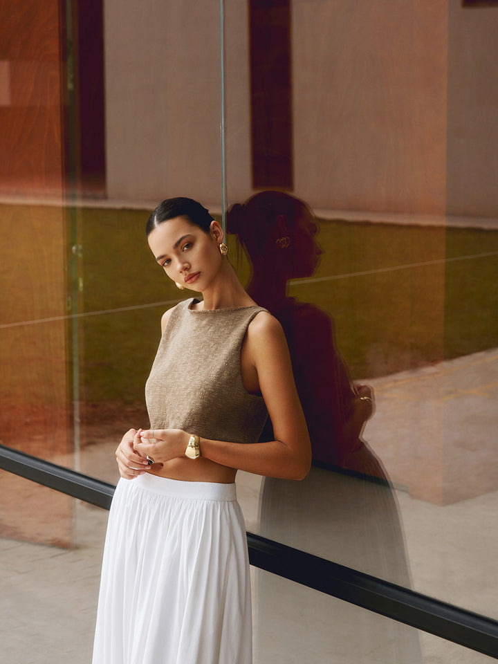 Kısa Triko Crop Top – Kahverengi