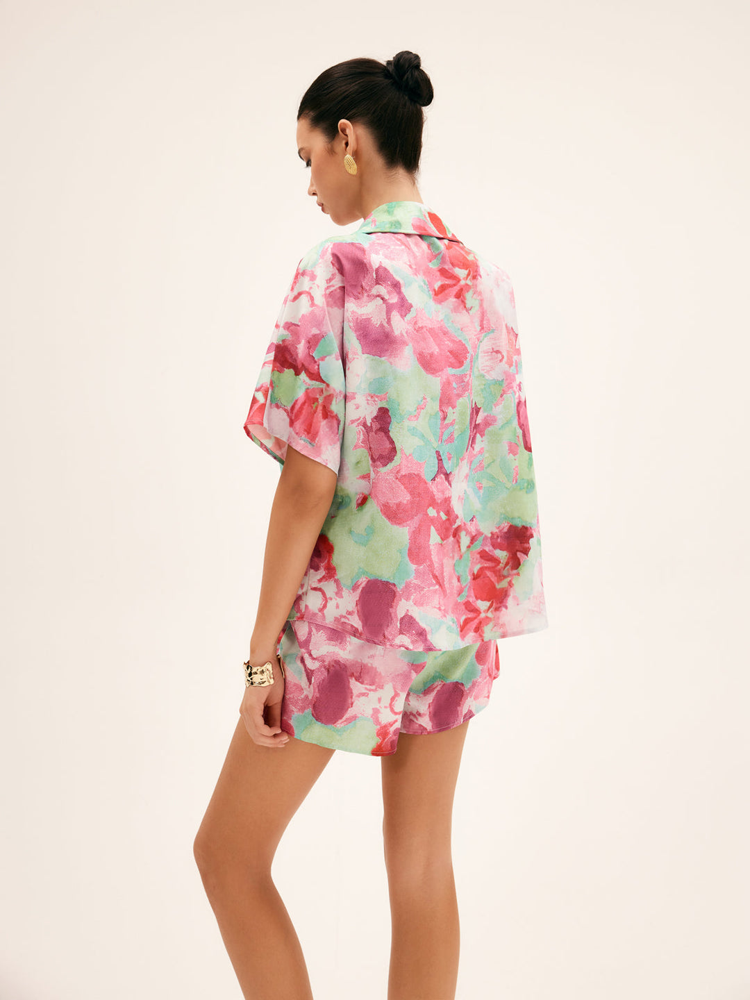 Desenli Relaxed Fit Rahat Şort – Pembe Yeşil