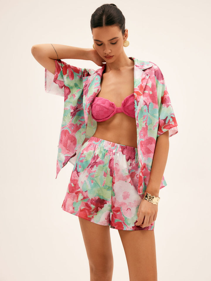 Desenli Relaxed Fit Rahat Şort – Pembe Yeşil