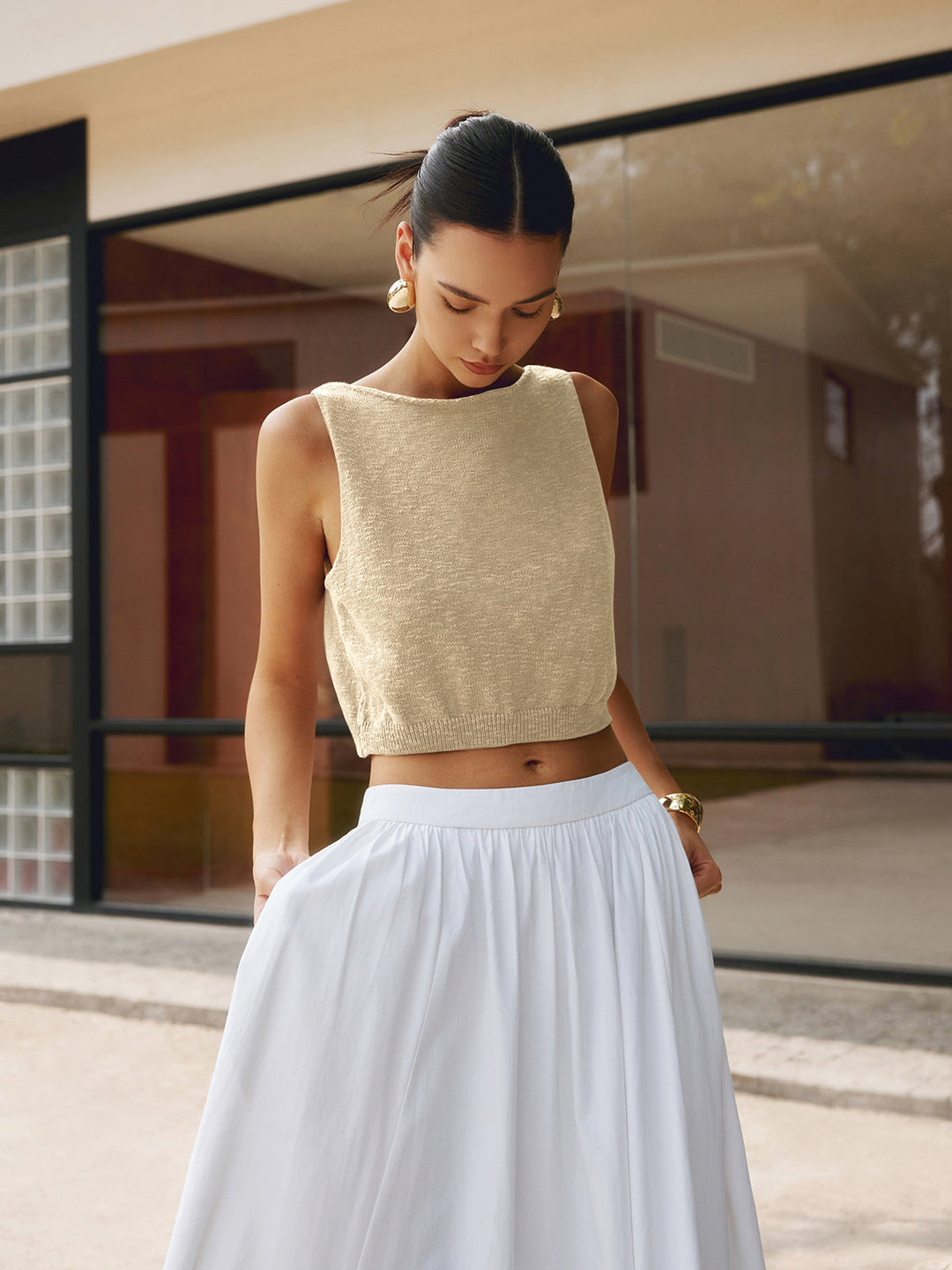 Kısa Triko Crop Top – Kahverengi