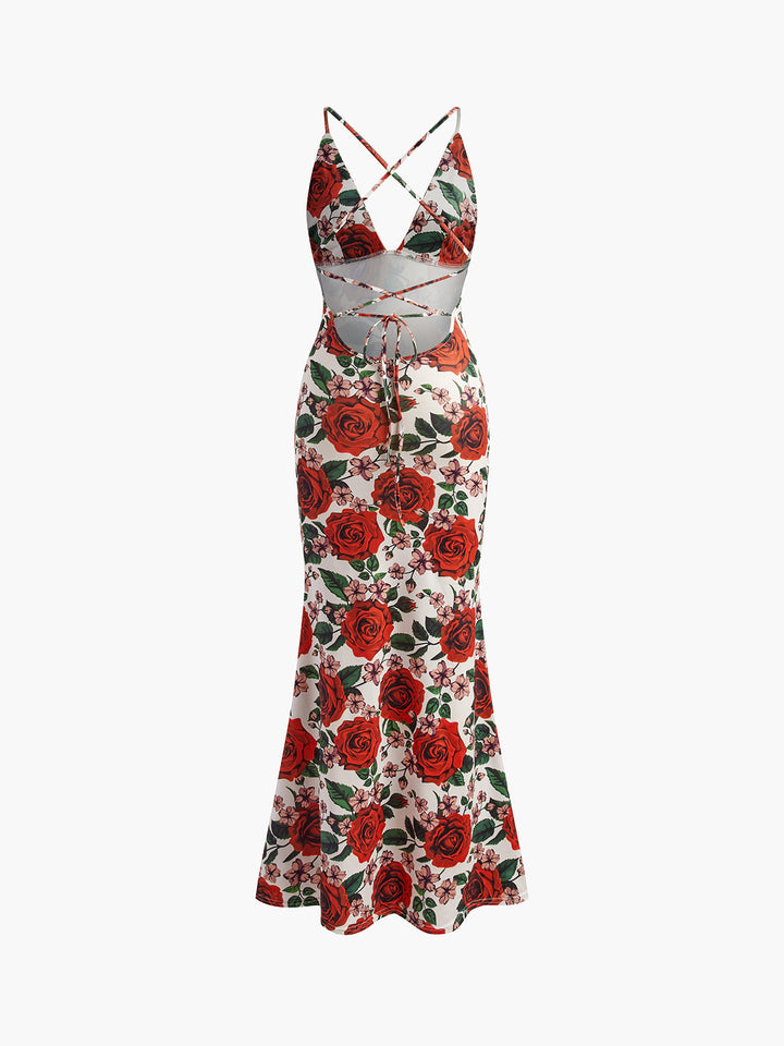 Sırt Detaylı Çiçek Desenli Bodycon Elbise – Krem