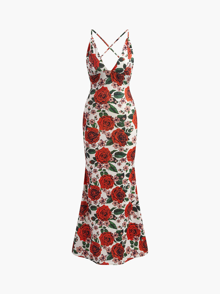 Sırt Detaylı Çiçek Desenli Bodycon Elbise – Krem