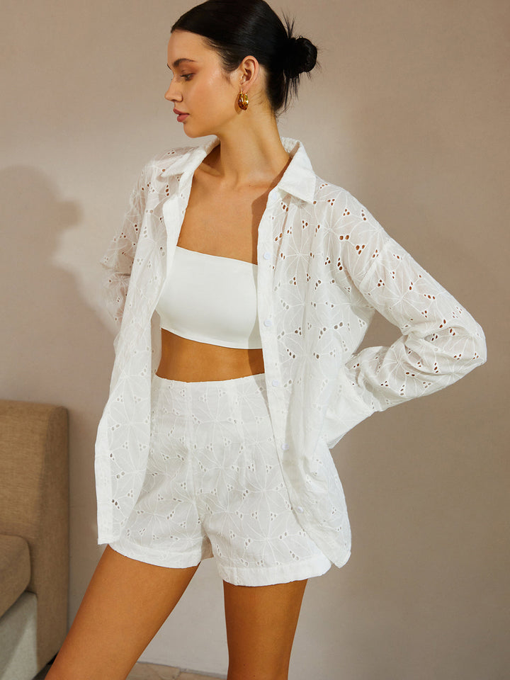 Nakış İşlemeli Relaxed Fit Şort Takım – Beyaz