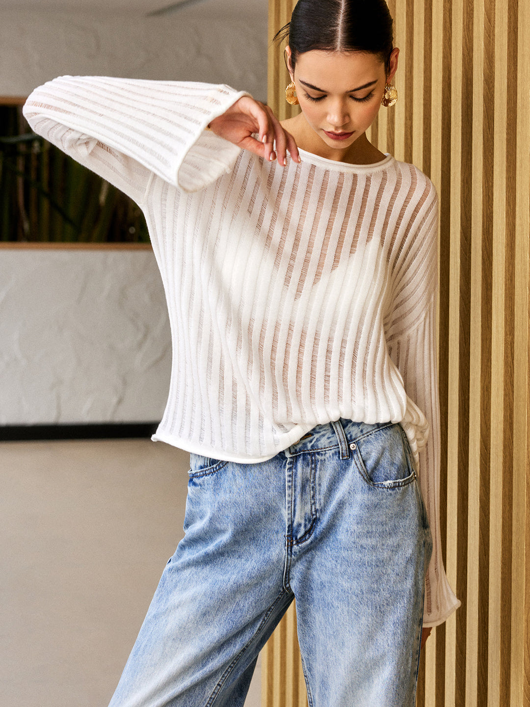 Oversize Fit İnce Çizgili Triko – Beyaz