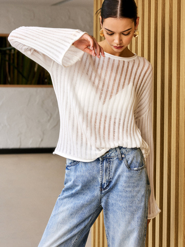 Oversize Fit İnce Çizgili Triko – Beyaz
