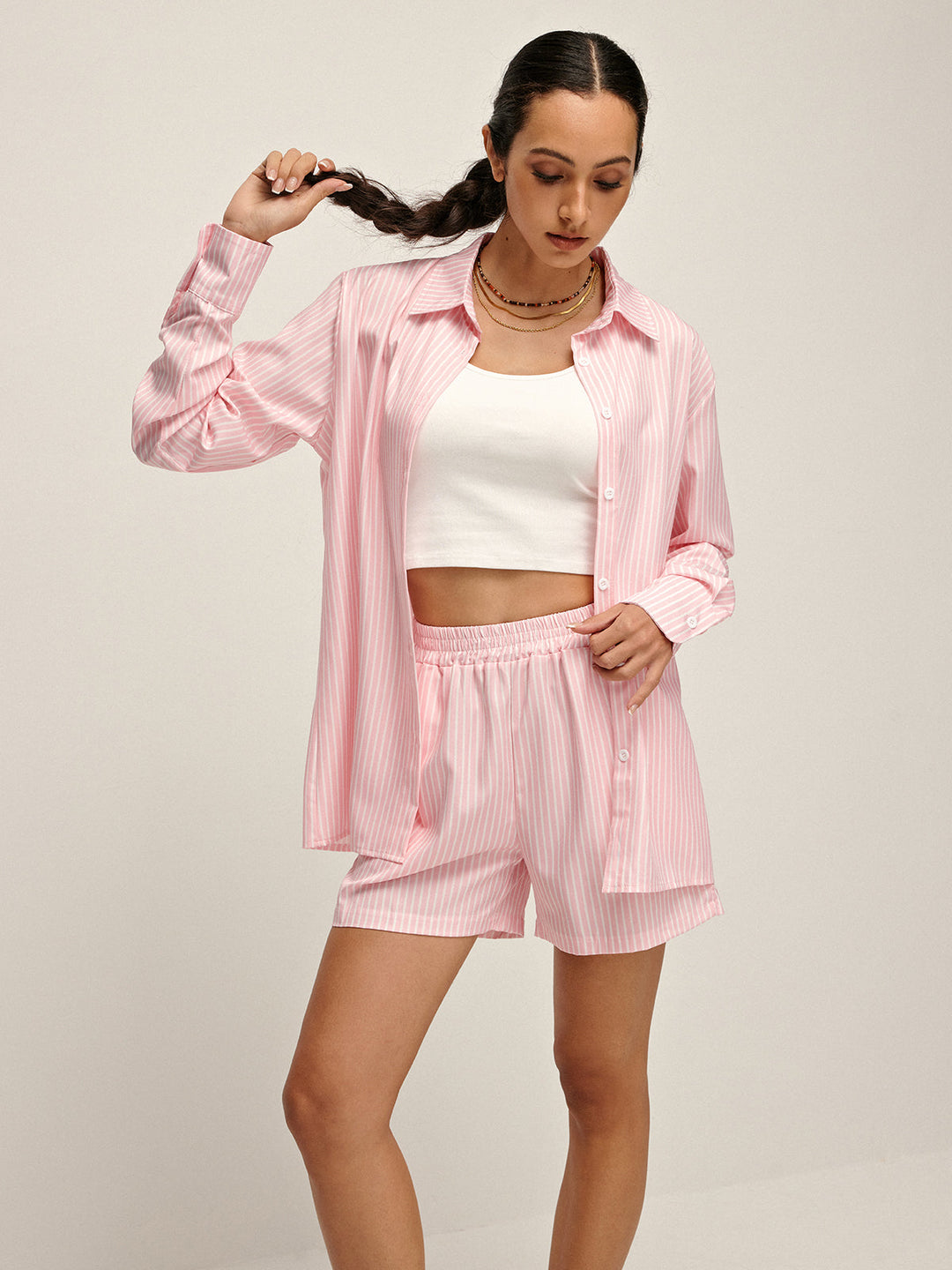 Oversize Fit Çizgili Düğmeli Gömlek Şort Takım – Pembe