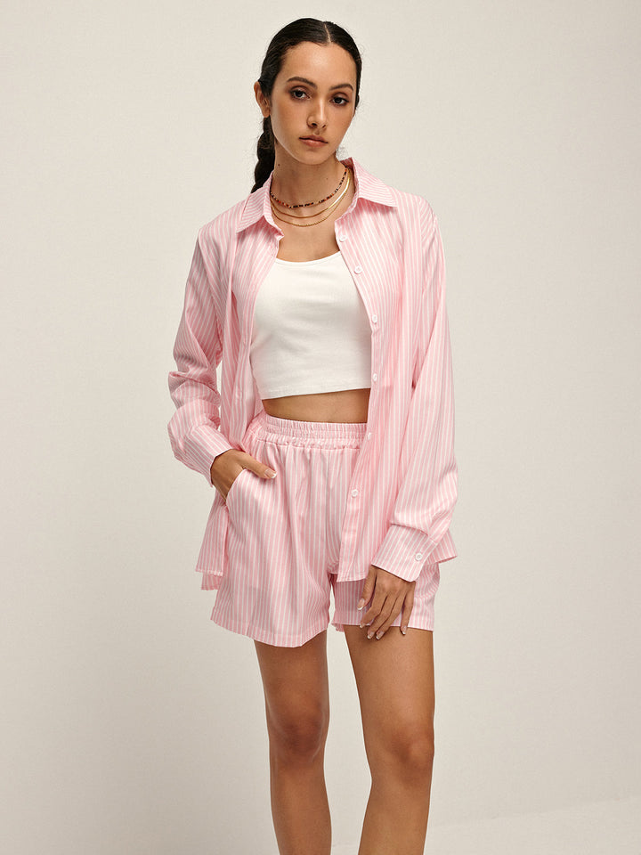 Oversize Fit Çizgili Düğmeli Gömlek Şort Takım – Pembe