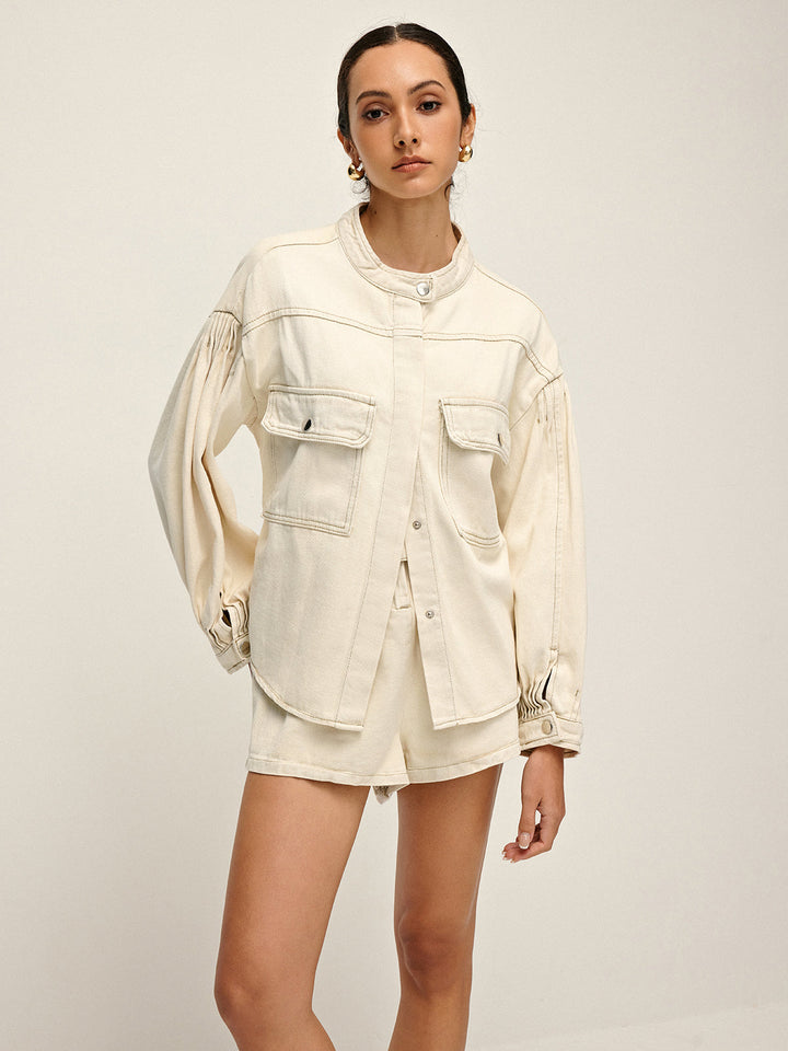 Yüksek Belli Kemerli Relaxed Fit Denim Şort – Bej