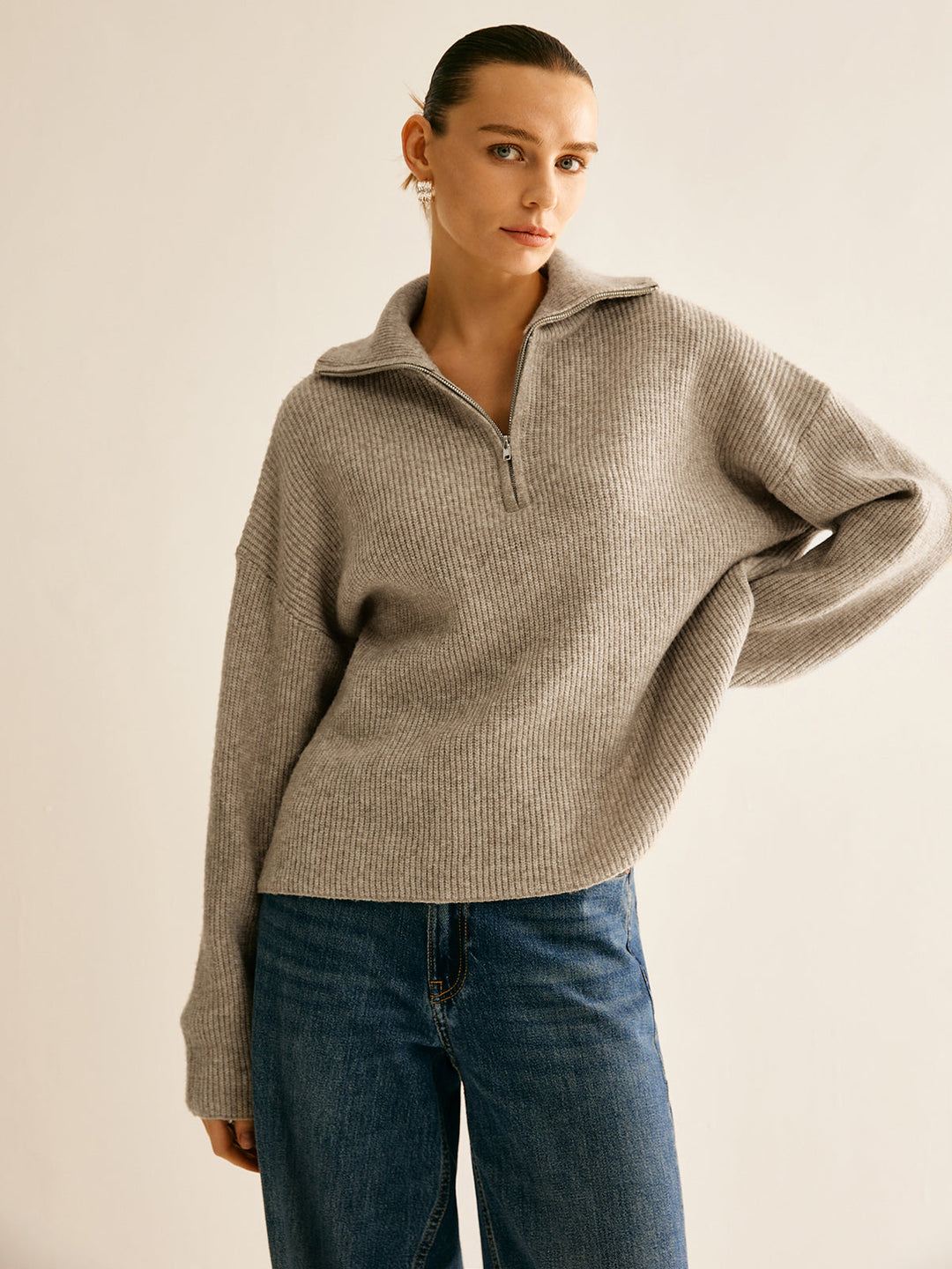 Yarım Fermuarlı Oversize Triko Kazak – Açık Gri