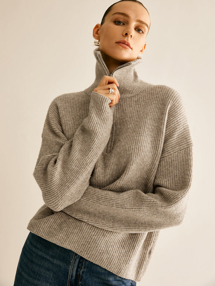 Yarım Fermuarlı Oversize Triko Kazak – Açık Gri