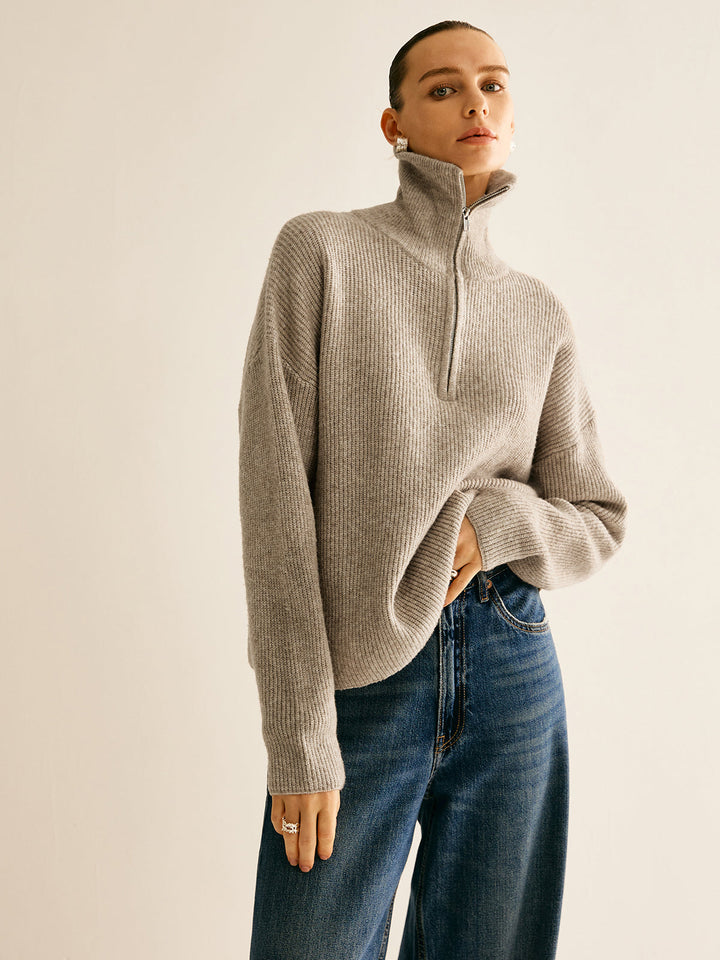 Yarım Fermuarlı Oversize Triko Kazak – Açık Gri