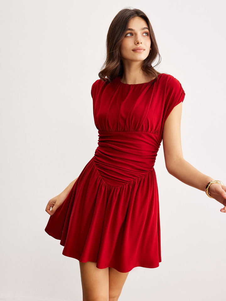 Pileli Mini Elbise – Bordo