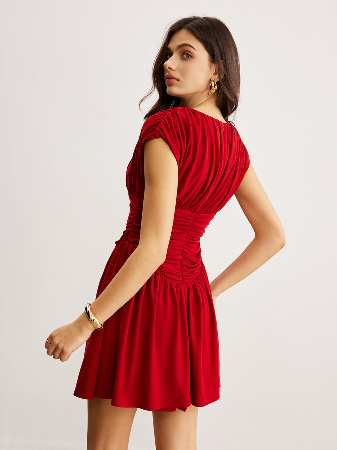 Pileli Mini Elbise – Bordo