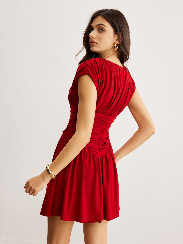 Pileli Mini Elbise – Bordo