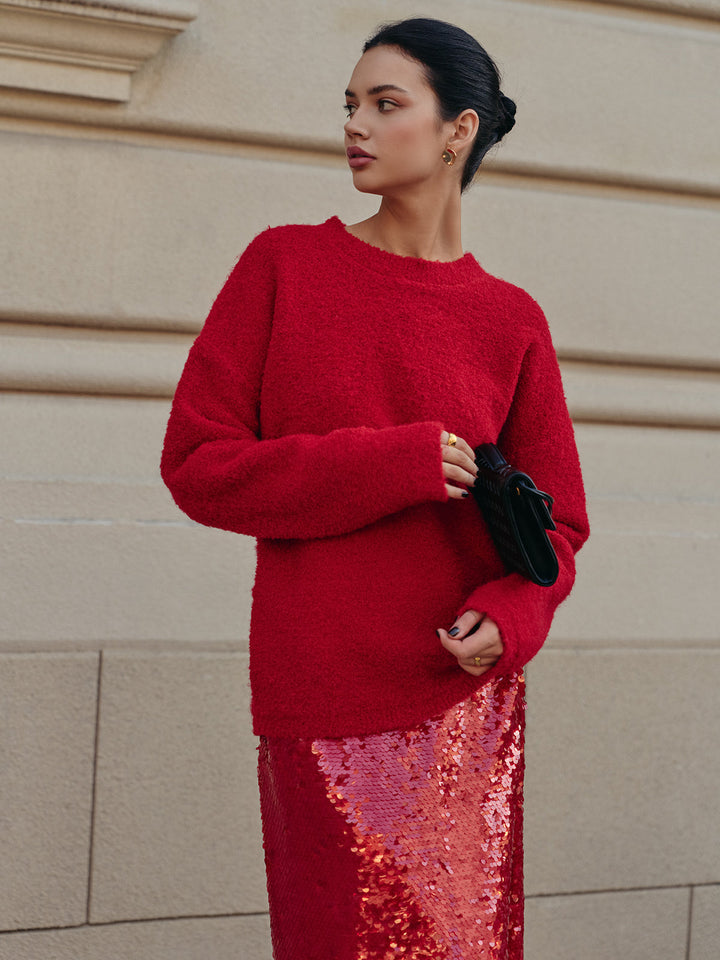 Oversize Simli Dokulu Kırmızı Sweatshirt