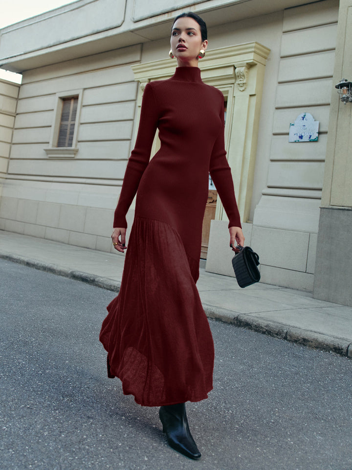 Balıkçı Yaka Fitilli Örme Uzun Elbise – Kırmızı