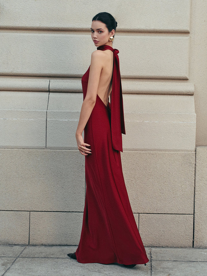 Saten Halter Yaka Sırt Dekolteli Maxi Elbise – Bordo