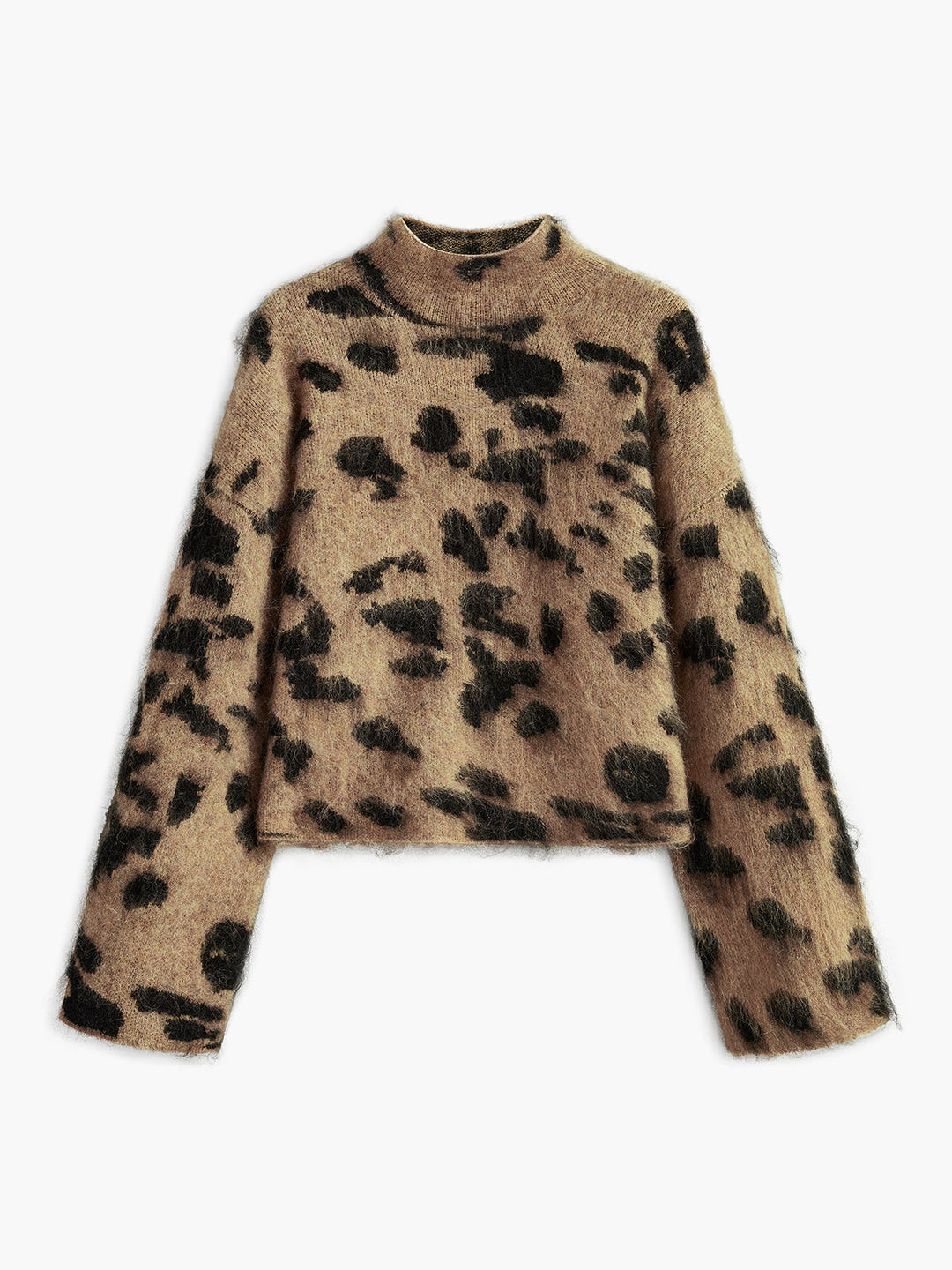 Oversize Boğazlı Leopar Desenli Yumuşak Triko – Kahverengi