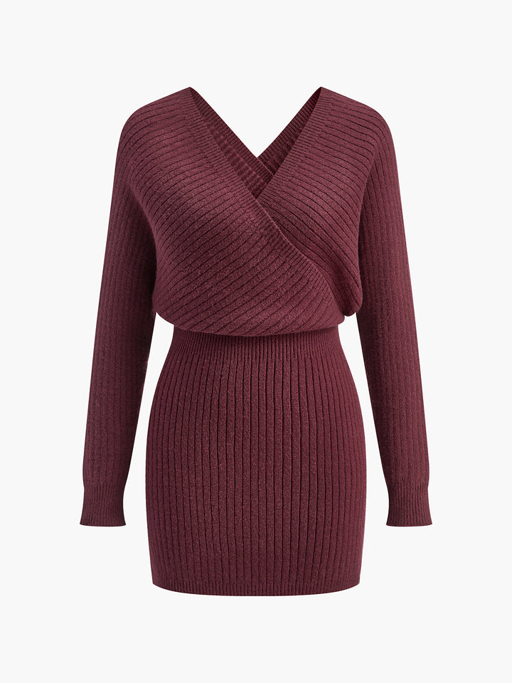 V Yaka Kemerli Fitilli Triko Mini Elbise – Ekru