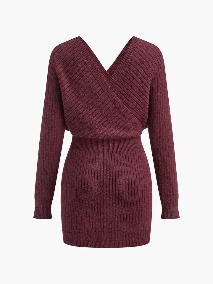 V Yaka Kemerli Fitilli Triko Mini Elbise – Ekru