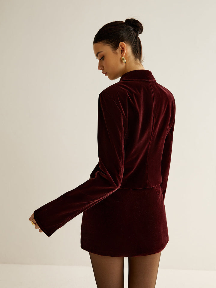 Kadife Düz Kesim Düğmeli Ceket – Bordo