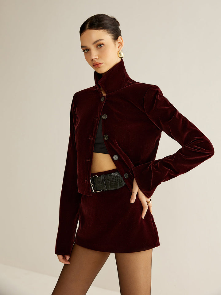 Kadife Düz Kesim Düğmeli Ceket – Bordo