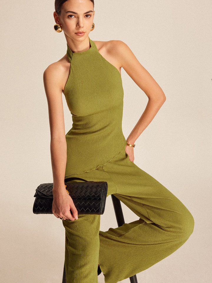 Halter Yaka Geniş Paça Pantolonlu Takım – Haki