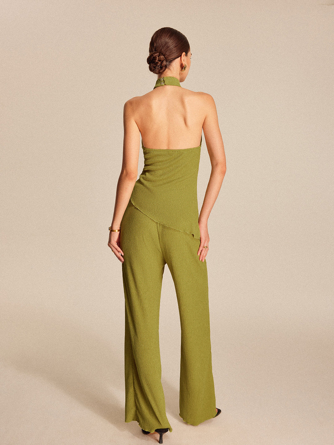 Halter Yaka Geniş Paça Pantolonlu Takım – Haki