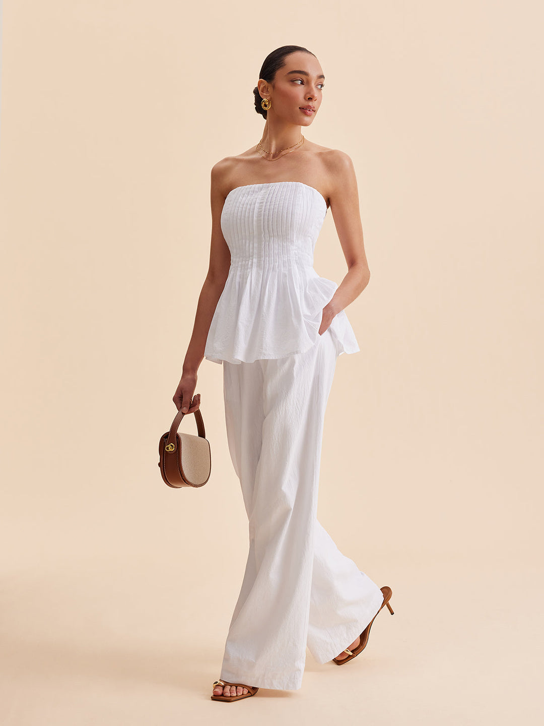 Büstiyer Kalem Plise Detaylı Peplum – Beyaz