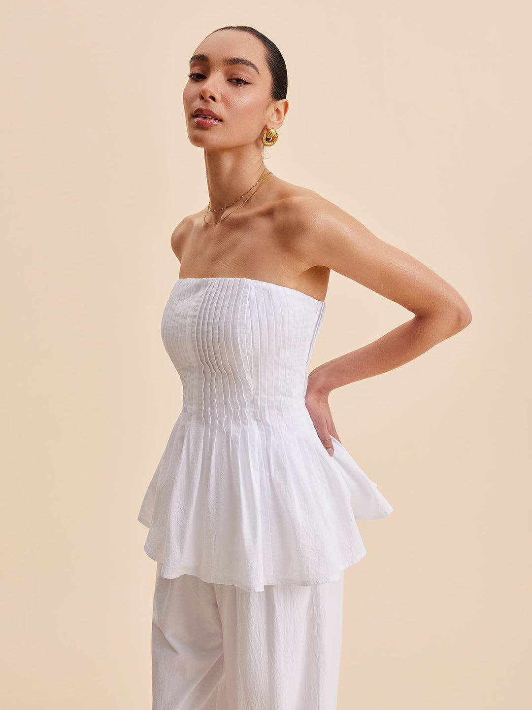 Büstiyer Kalem Plise Detaylı Peplum – Beyaz
