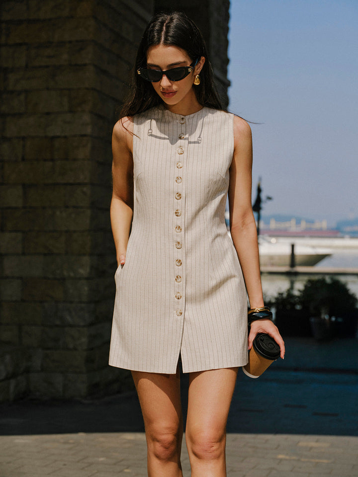 Düğmeli Slim Fit Keten Mini Elbise – Bej