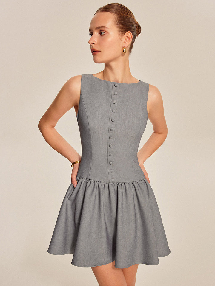 Düğme Detaylı Kloş Mini Elbise – Gri