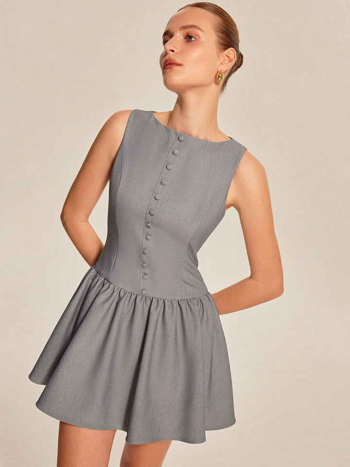 Düğme Detaylı Kloş Mini Elbise – Gri