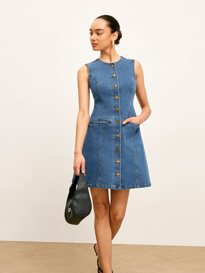 Kolsuz Düğmeli A Kesim Denim Elbise – Mavi
