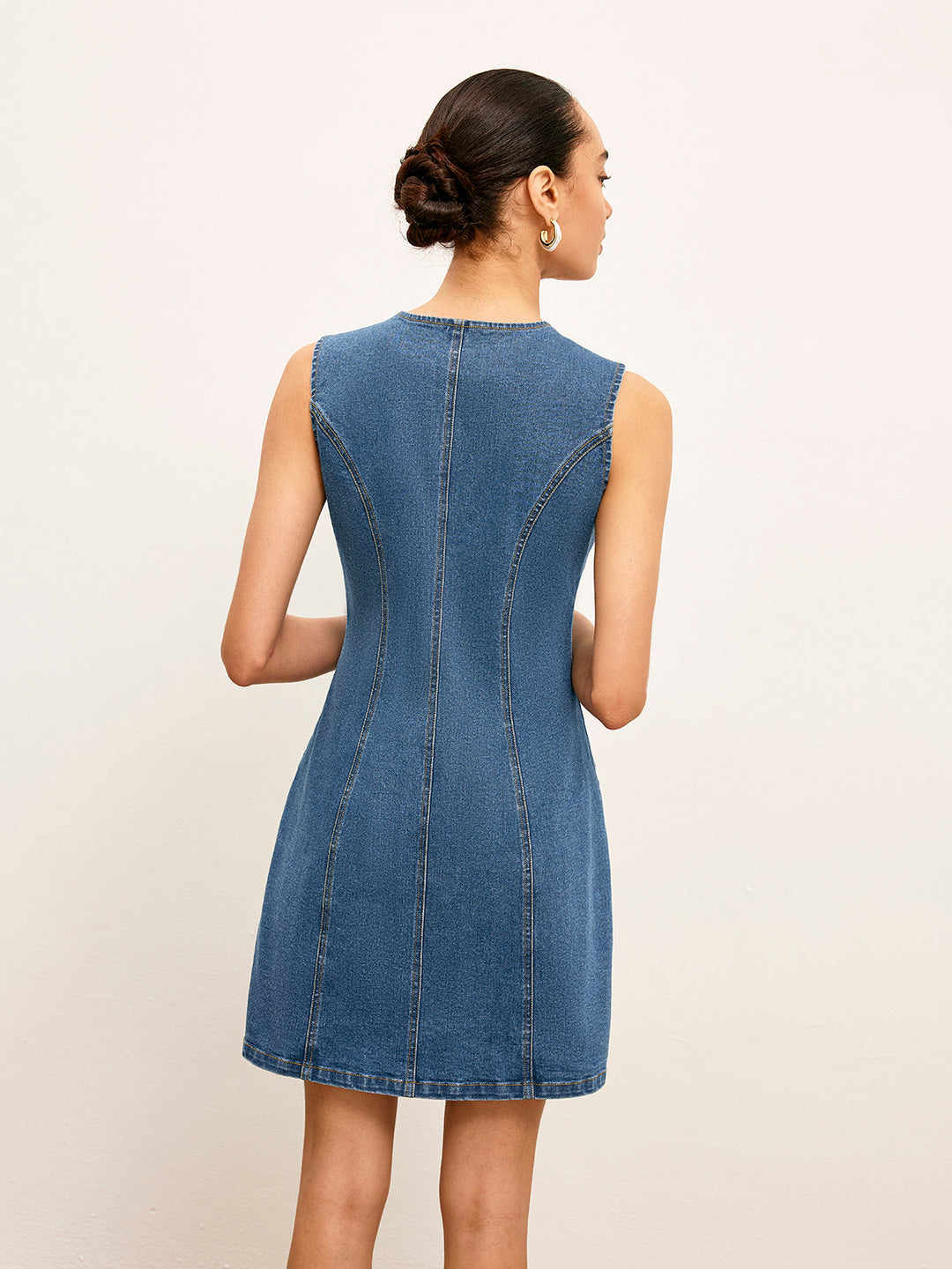 Kolsuz Düğmeli A Kesim Denim Elbise – Mavi